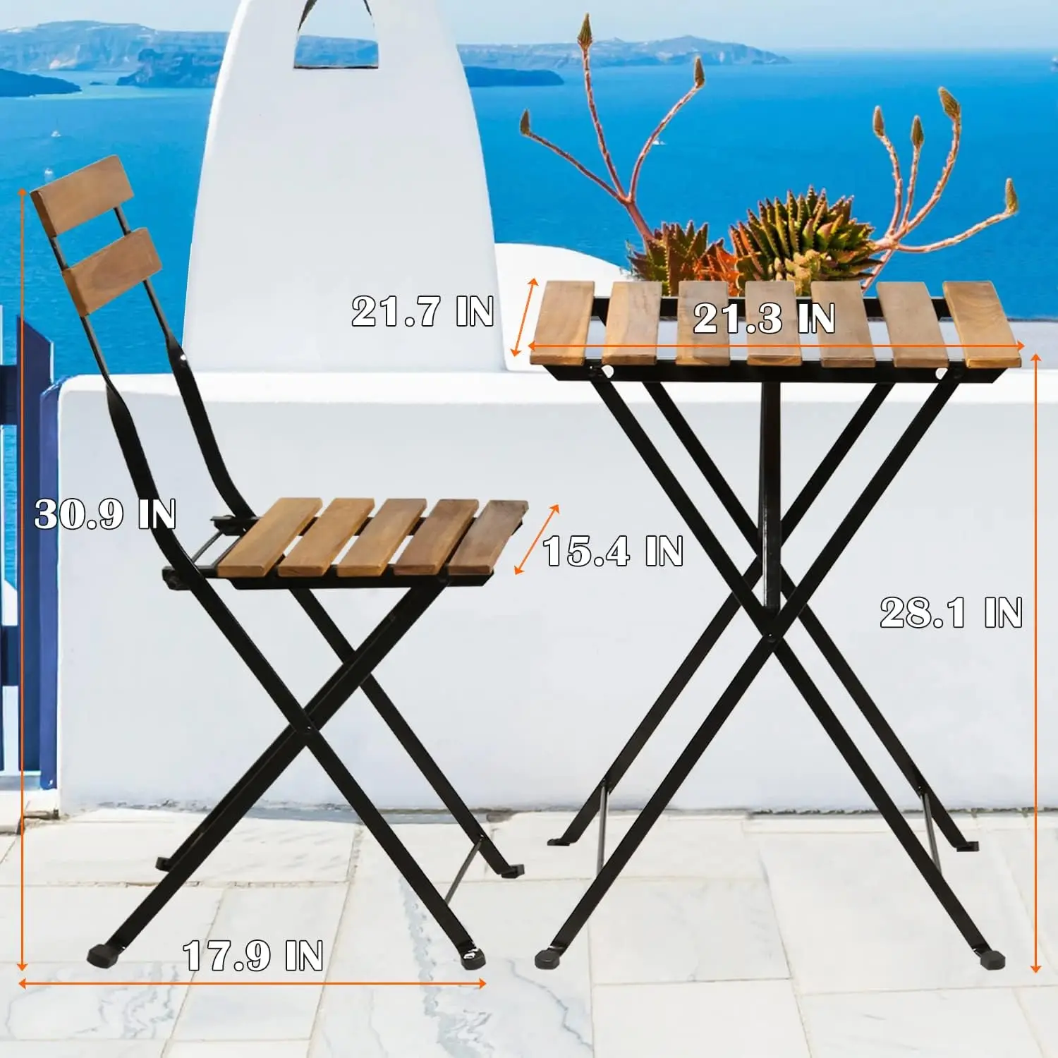 Natural wood 3-piece folding patio bistro set including one table and two foldable chairs, space-saving small outdoor furniture for apartment, lawn, balcony and backyard daily rest