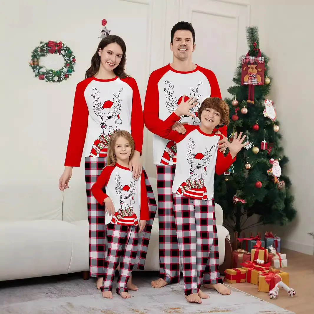 

Christmas pajamas European American festival dragon head antler scarf checkered print family parent-child wear home wear