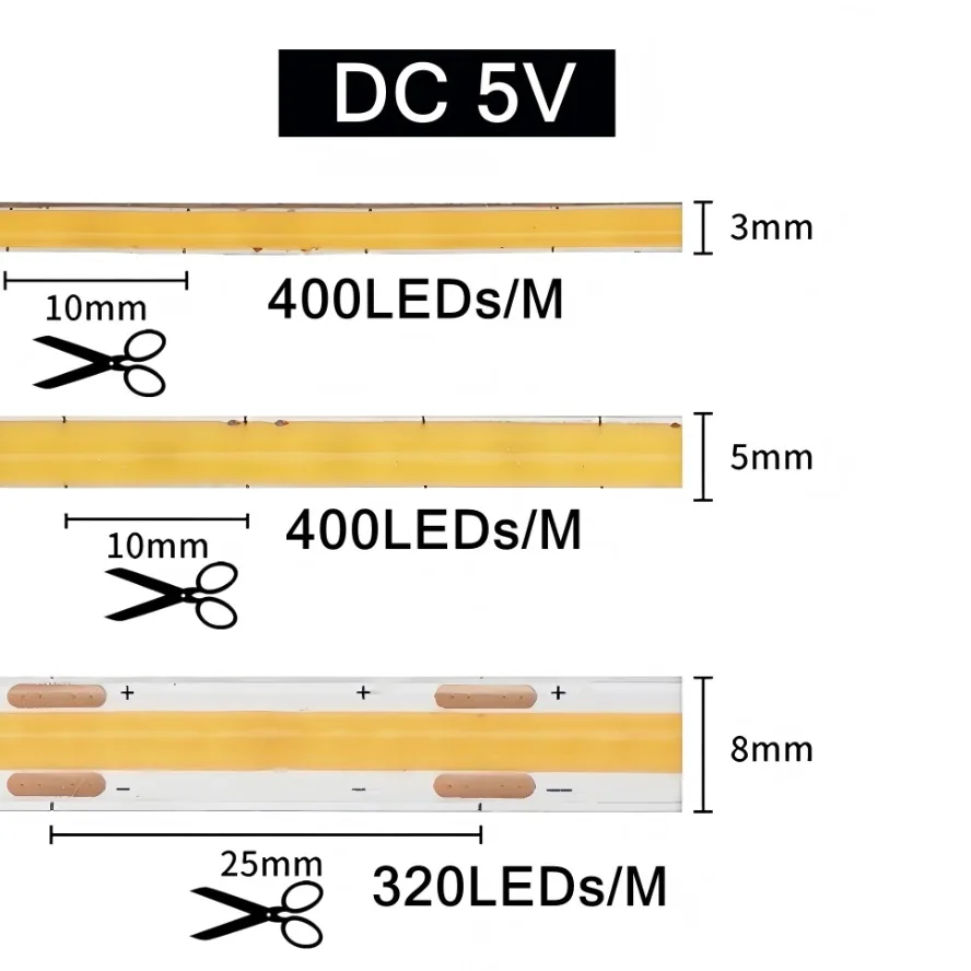 3/5/8MM 5V High Density Light Strip 320 400LEDs Dimmable COB LED Flexible COB Tape Light Bar TV Kitchen Bedroom Decoration