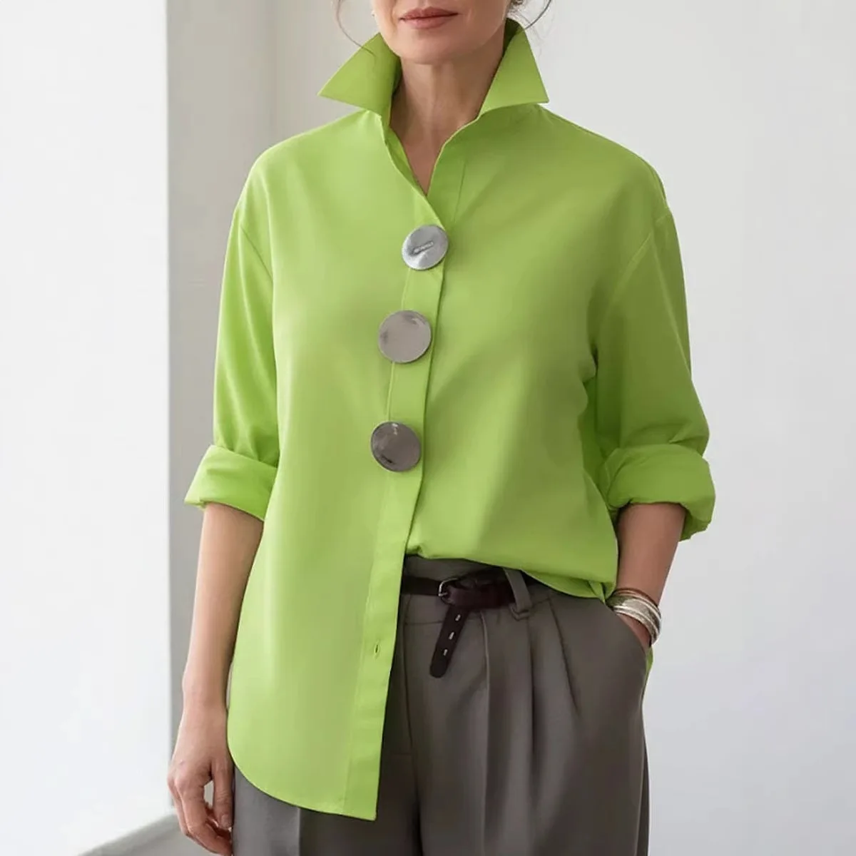 Casual Loose Metal Buckle Long Sleeve Shirts For Women 2026 Spring Autumn Faashion Solid Stand Neck Shirt Tops Femme