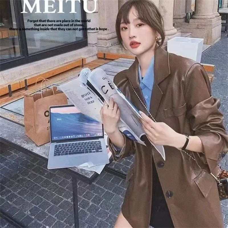 2025 여성 루즈핏 PU 가죽 아우터 한국 여성 패션 인조 가죽 수트 재킷 봄 가을 여성 레저 PU 가죽 코트
