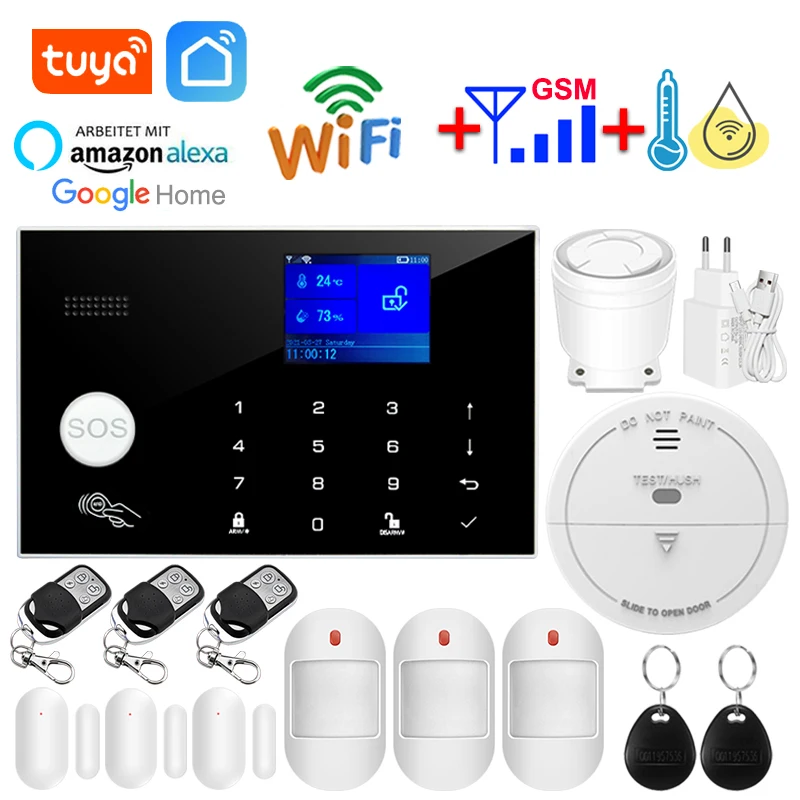 Tuya WiFi GSM Security Alarm System Works With Alexa Home Burglar Motion Smoke Door Window Sensor IP Camera Gift for Father