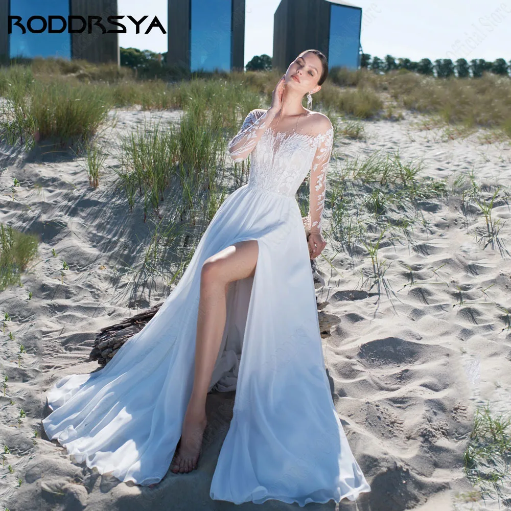 Roddrsya civil Sheer manga de encaje largo vestido de novia de RODDRSYA-vestido de novia de manga larga de encaje transparente, de línea a vestido de novia, gasa con abertura lateral, cuello redondo, Apliques de encaje