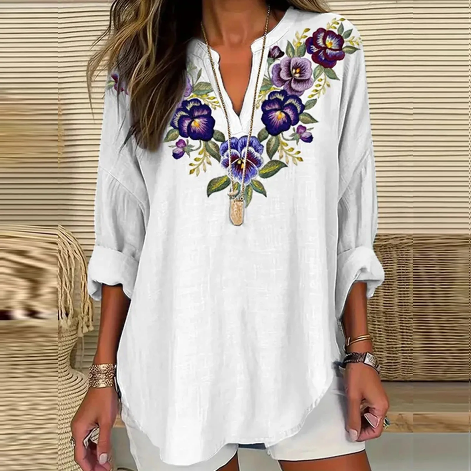 Casual Short Sleeved Sheer Blouses Women Women\'S Fashion V Neck Long Sleeved Purple Floral Printed Top Plus Size Ruffled Tunic