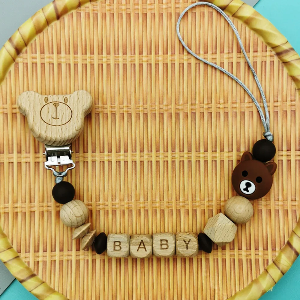

Personalized English Name Baby Bear Beech Clips Pacifier Chains Teether Pendants Toys Baby Pacifier Kawaii Teether