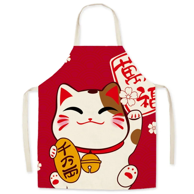 Linen Apron Japanese Cartoon Lucky Cat No Repair Bib Parent-child Couples Waterproof Antifouling Household Kitchen Supplies