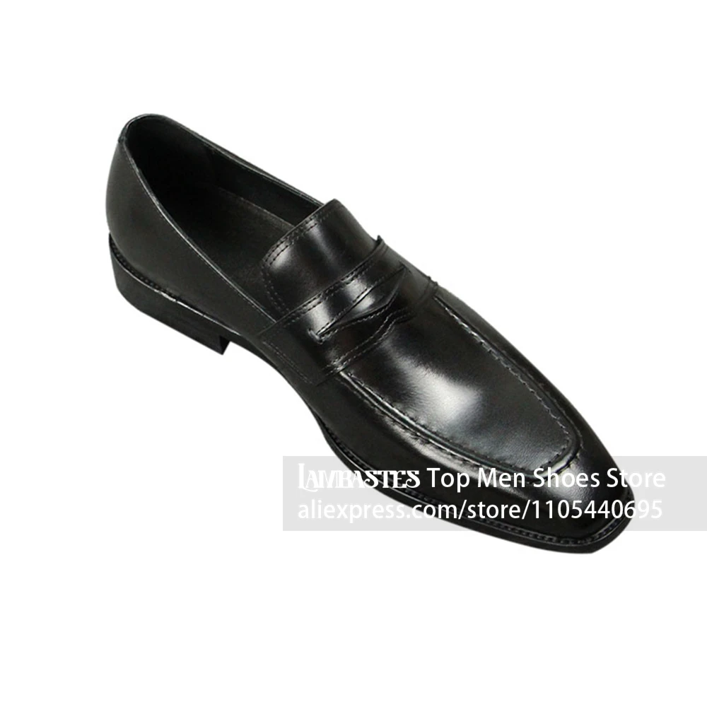 Men's Black Polished Penny Loafers Genuine Leather Slip on Formal Dress Shoes Vintage Black Stitch Detail Wedding Formal Loafers