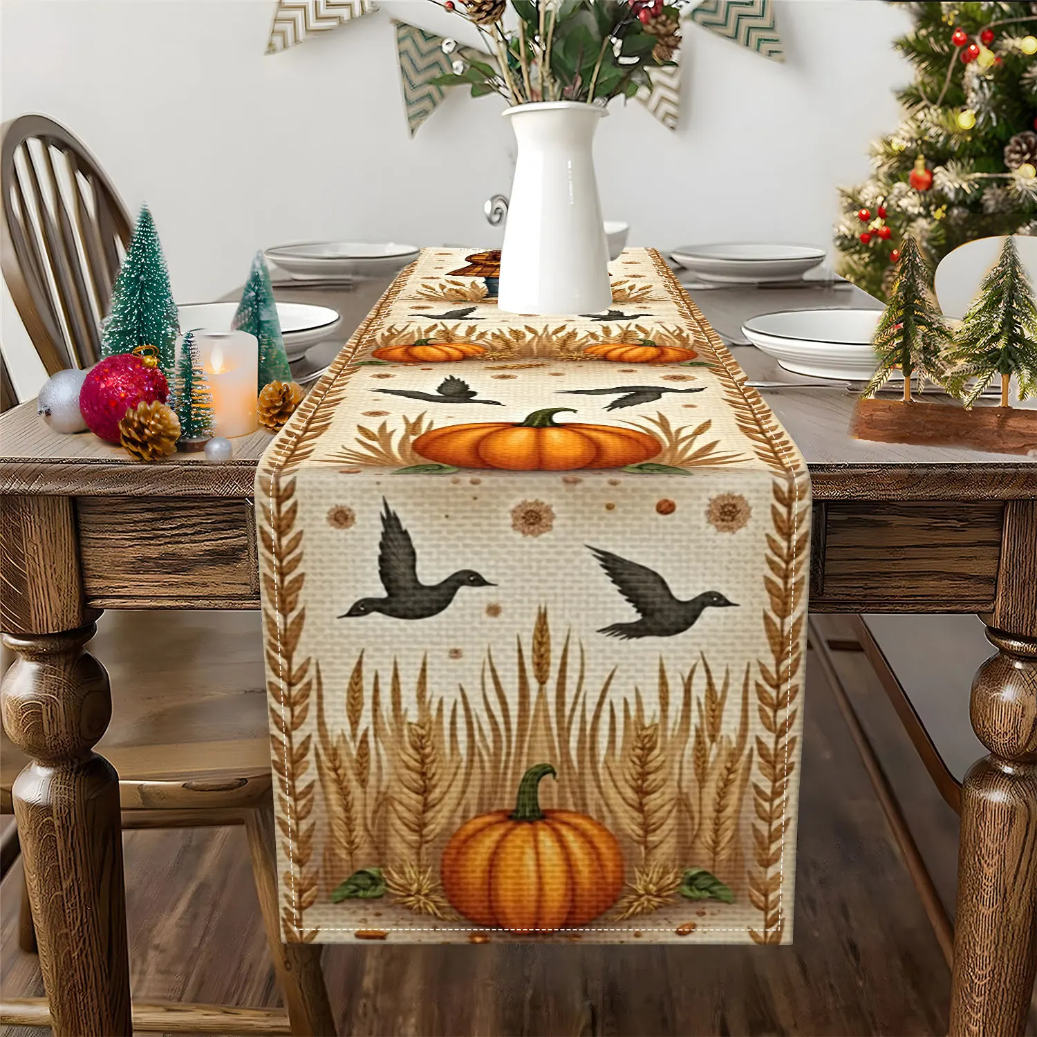 1 Piece of Autumn Harvest-Themed Table Runner with Scarecrow, Pumpkin, and Bird Patterns, Suitable for Thanksgiving, Pastoral-Style Home Decoration