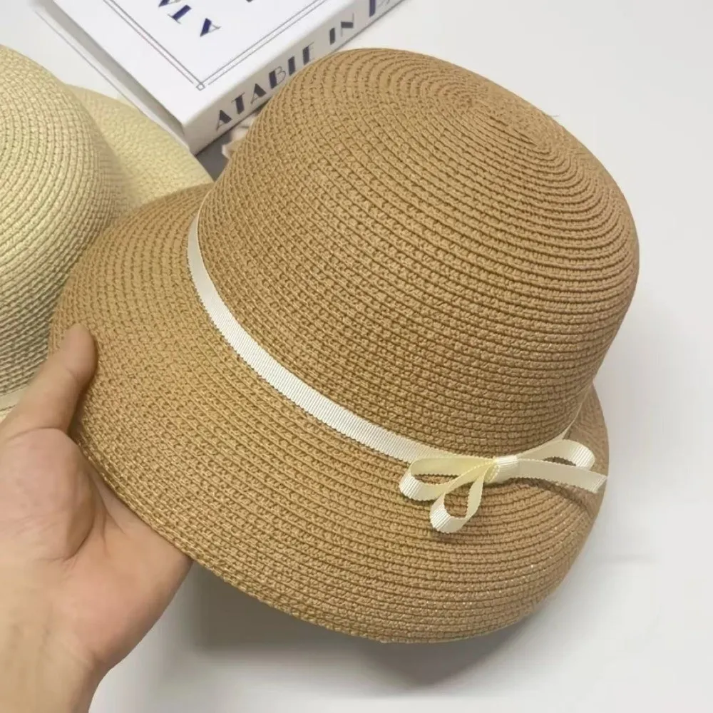 Casual UV Protection Straw Hat for Women Bow Ribbon Decor Windproof Summer Sun Hats Breathable Versatile Sunscreen Hat Outdoors