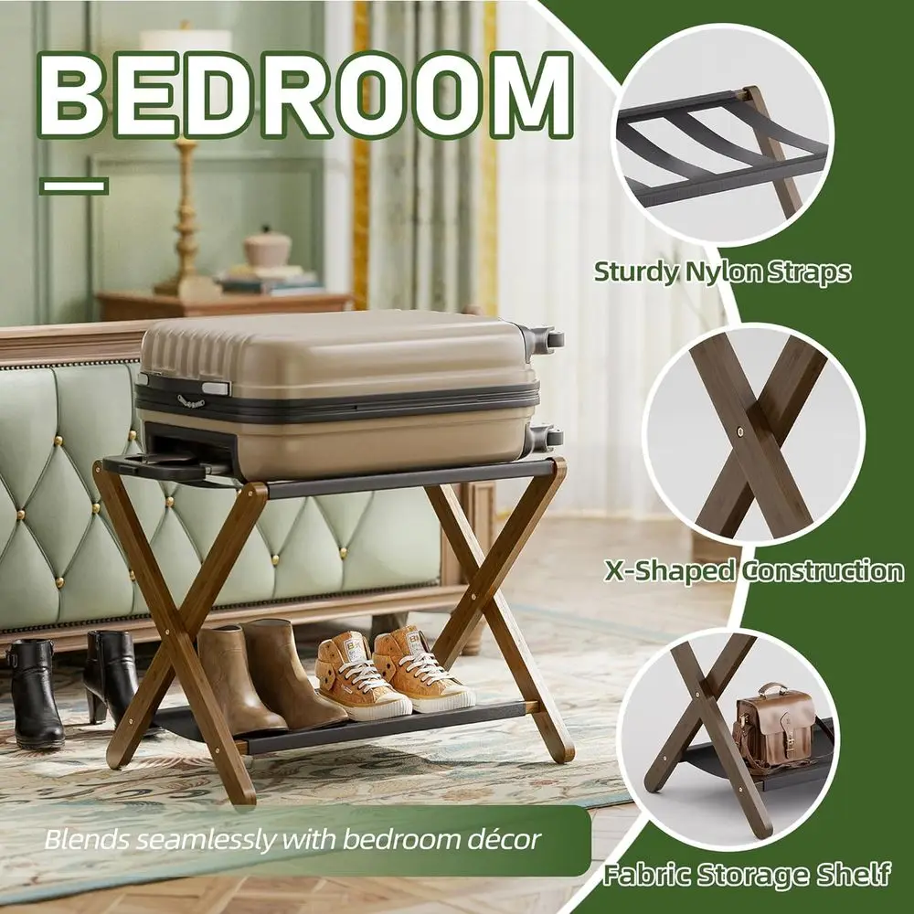 Set di 2 porta valigie pieghevoli in bambù con ripiano portaoggetti, supporto premium per casa, hotel, può contenere fino a 135 libbre
