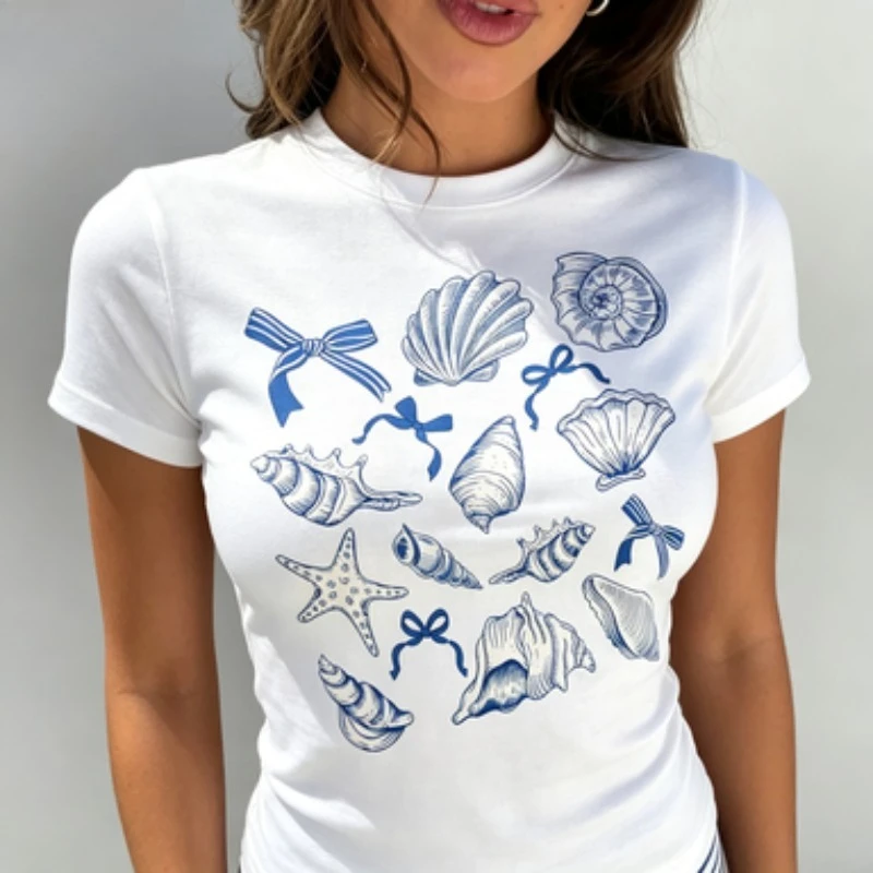 Women Standard Fit Modal Crew Neck Tee Vintage Hand‑Drawn Seashell Bow Print Short Sleeve Casual Beach Lady T‑Shirt