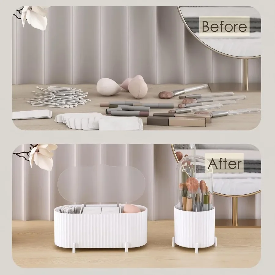 2-delige make-up organizer en borstelhouderset met deksel, opbergruimte met 3 compartimenten en afgedekte borstelhouder voor compacte ijdelheid