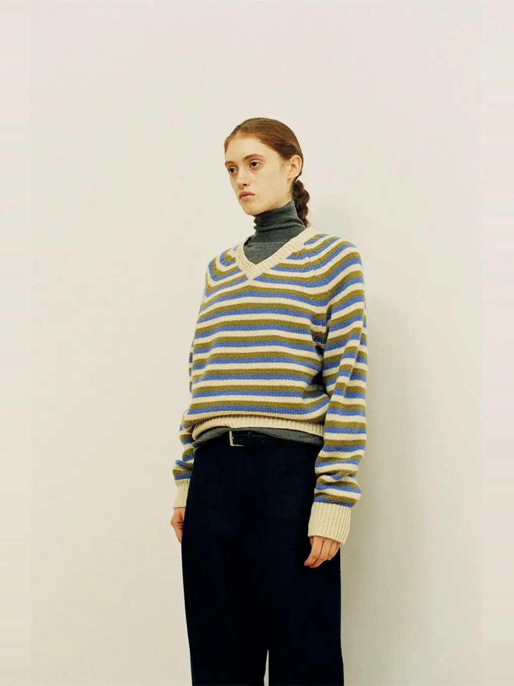 Pull tricoté en laine Color-Blo pour femme, Vintage, Sle V-Ne, Long, rayé, Faion, saison printemps-automne