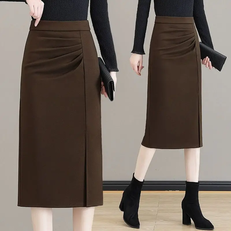 Jupe en laine pour femmes, automne hiver, taille haute, amincissante, Tube droit, hanche, mi-longue, fente, robe une étape