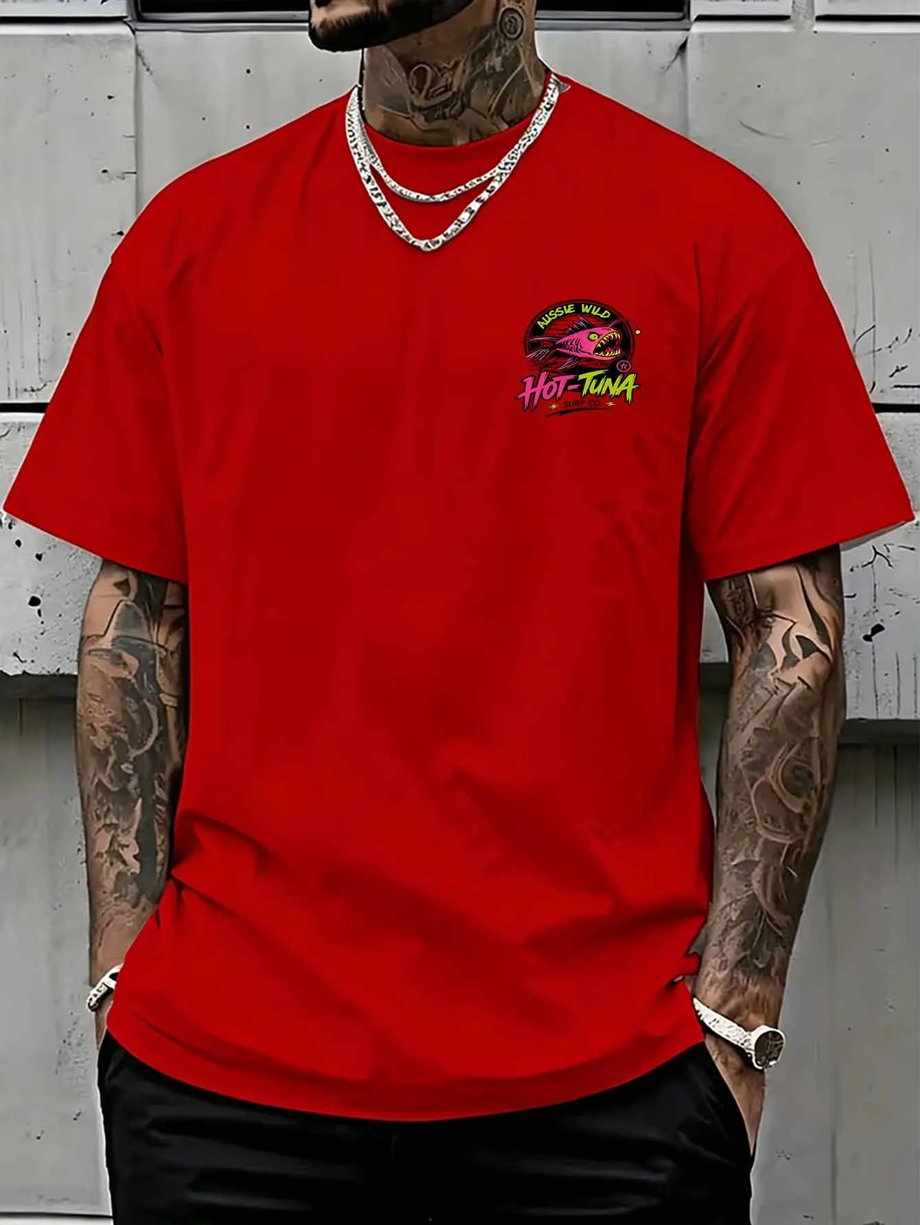 New men's short-sleeve T-shirt, loose-fitting and tailored with printed designs, versatile basic crew-neck top suitable for spri