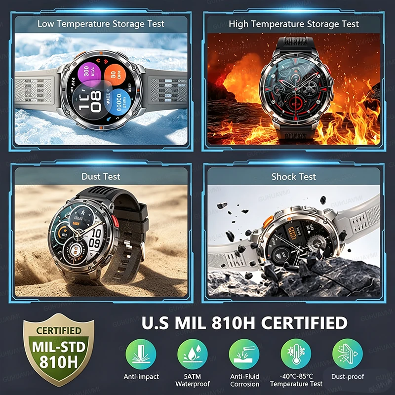 2026 Nuevas tácticas al aire libre reloj inteligente 1100mAh gran batería pantalla de 1.7 pulgadas linterna led brújula IP68 impermeable monitoreo de la salud HD llamada deportes fitness reloj inteligente