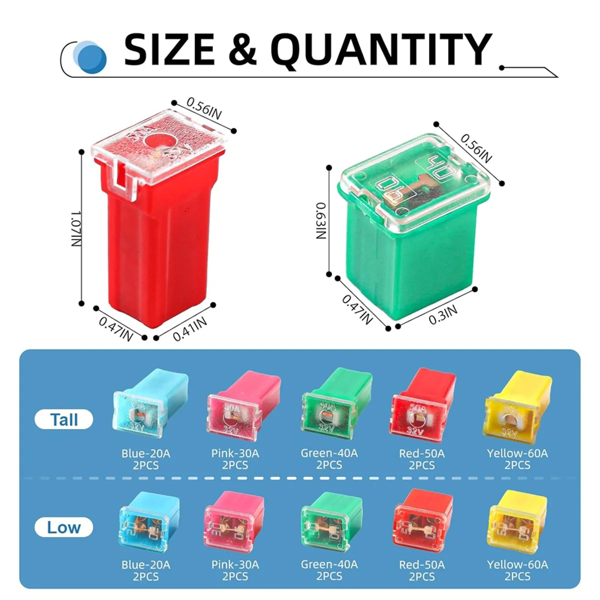 

20PCS Car Fuses Assortment Kit, Tall/Standard and Low Profile Box Shaped Fuses for Pickup Trucks, Cars, RVs, and SUVs