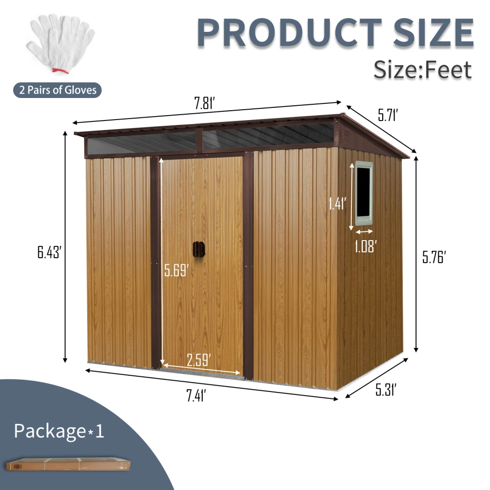 8 ft x 6 ft Outdoor Metal Storage Shed with Window and Transparent plate for Garden, Lawn  (Coffee)