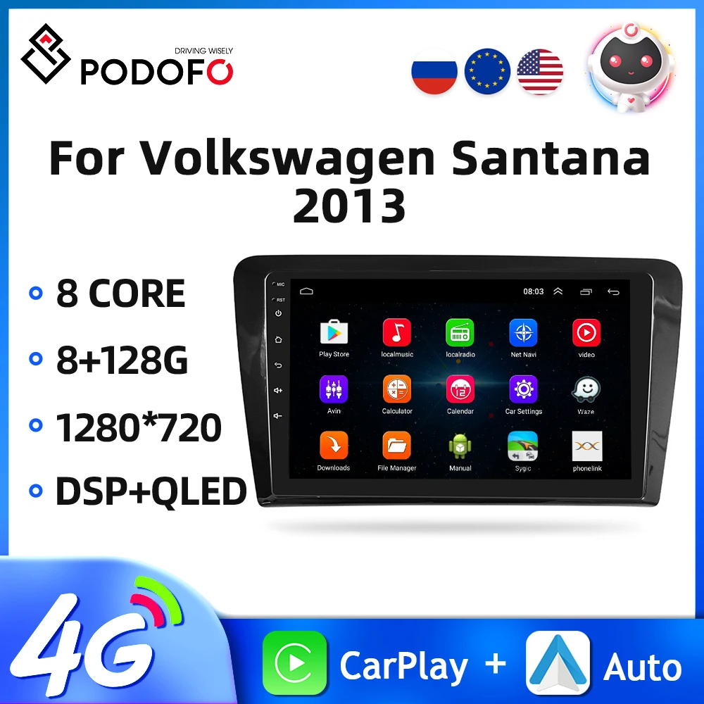 Podofo 2din Car Radio For Volkswagen Santana/Skoda Rapid Spaceback 2013 9'' Android Car Multimedia Player GPS WIFI Auto Radio