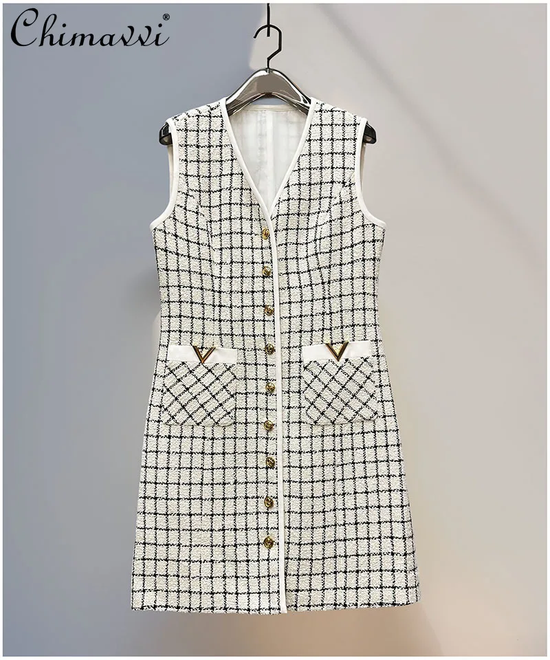 

French Style Elegant temperament V-Neck Sleeveless Single-Breasted Pocket Fashion Versatile Plaid Short Dress for Women Autumn