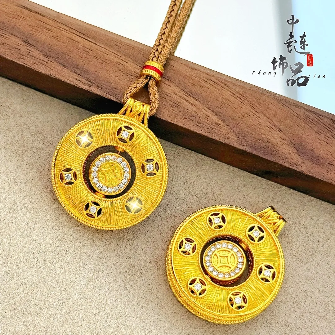 Wire-cut diamond-studded "Good Fortune and Bliss" lock pendant, traditional Chinese style rotating coin compass 9999gold