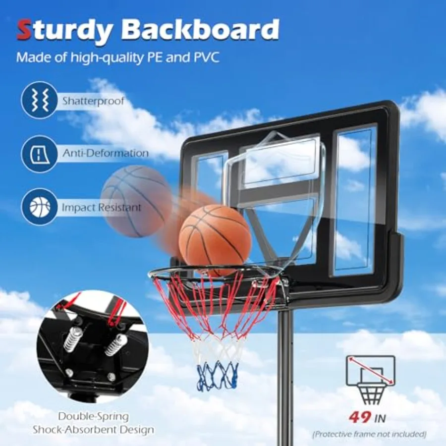 Outdoor Basketball Hoop with Height Adjustable Feature from 4.25 to 10 Feet Portable Design with 44-Inch Shatterproof Backboard