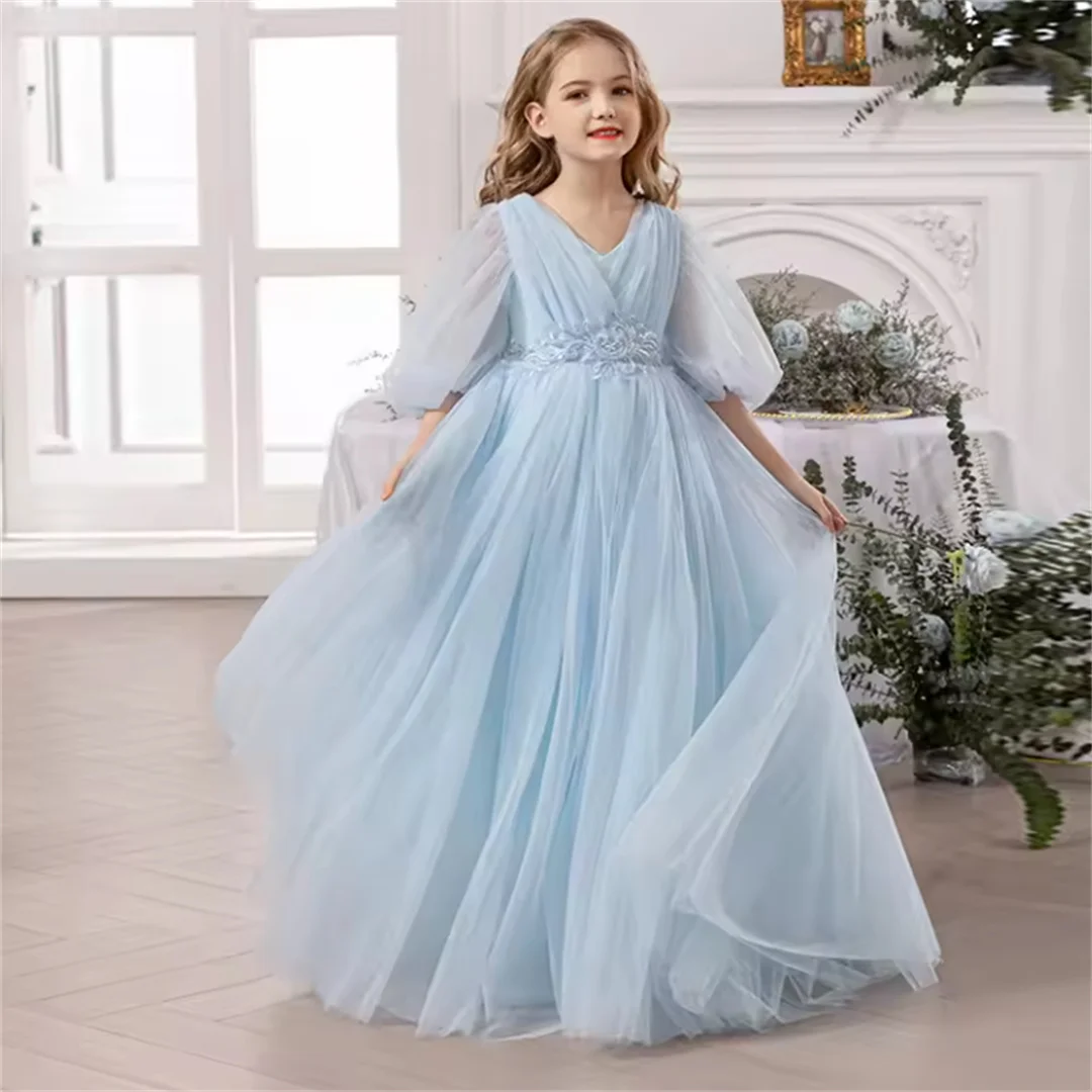 New Little Girl Birthday Party Evening Dress Children Piano Performance Tutu Long Dress Girls Wedding Flower Girl Gown Costume