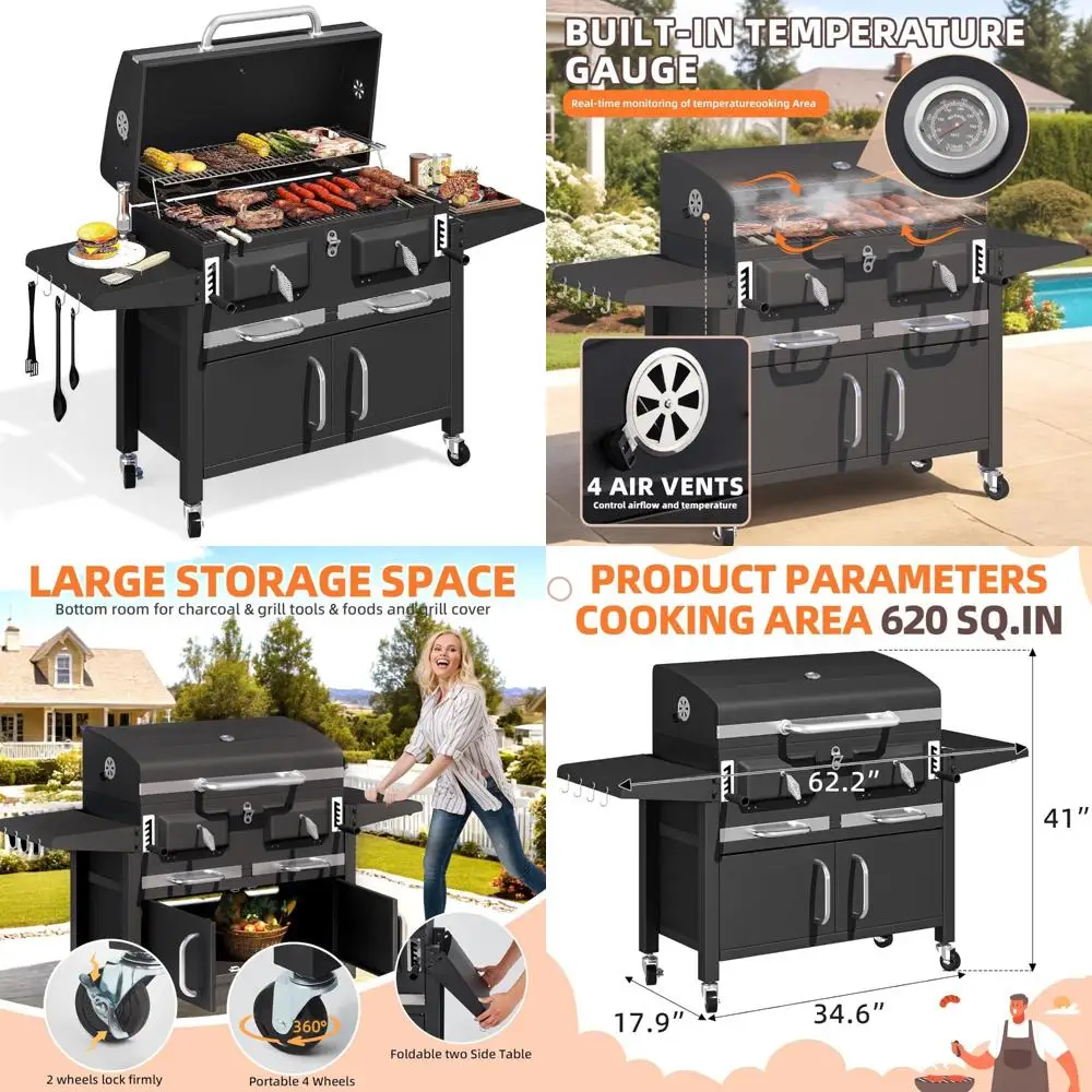 

Large 620 Sq. In Charcoal Grill with 36-Inch BBQ Area, Storage Cabinet, and Lifting Charcoal Trays