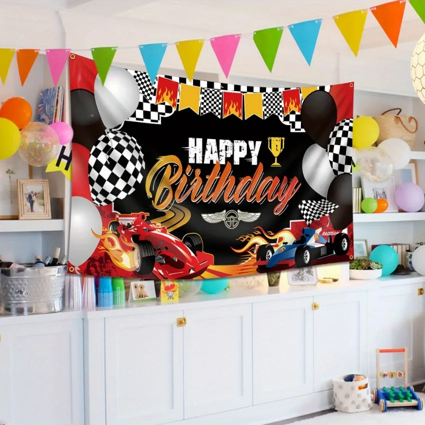 Birthday Banner Race Car Winner Award Balloon Flag 4 Grommets Single Sided Party Home Garden Indoor Outdoor Decor 2X3/3X5FT