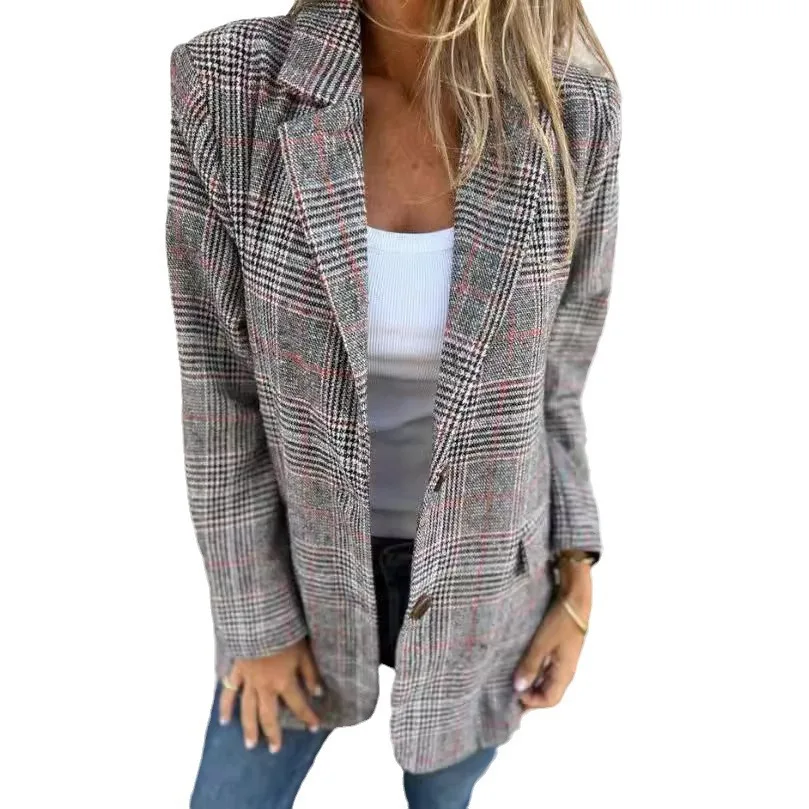 2025 cross-border cardigan jacket women's casual fashion retro thousand bird grid lapel suit cw44837