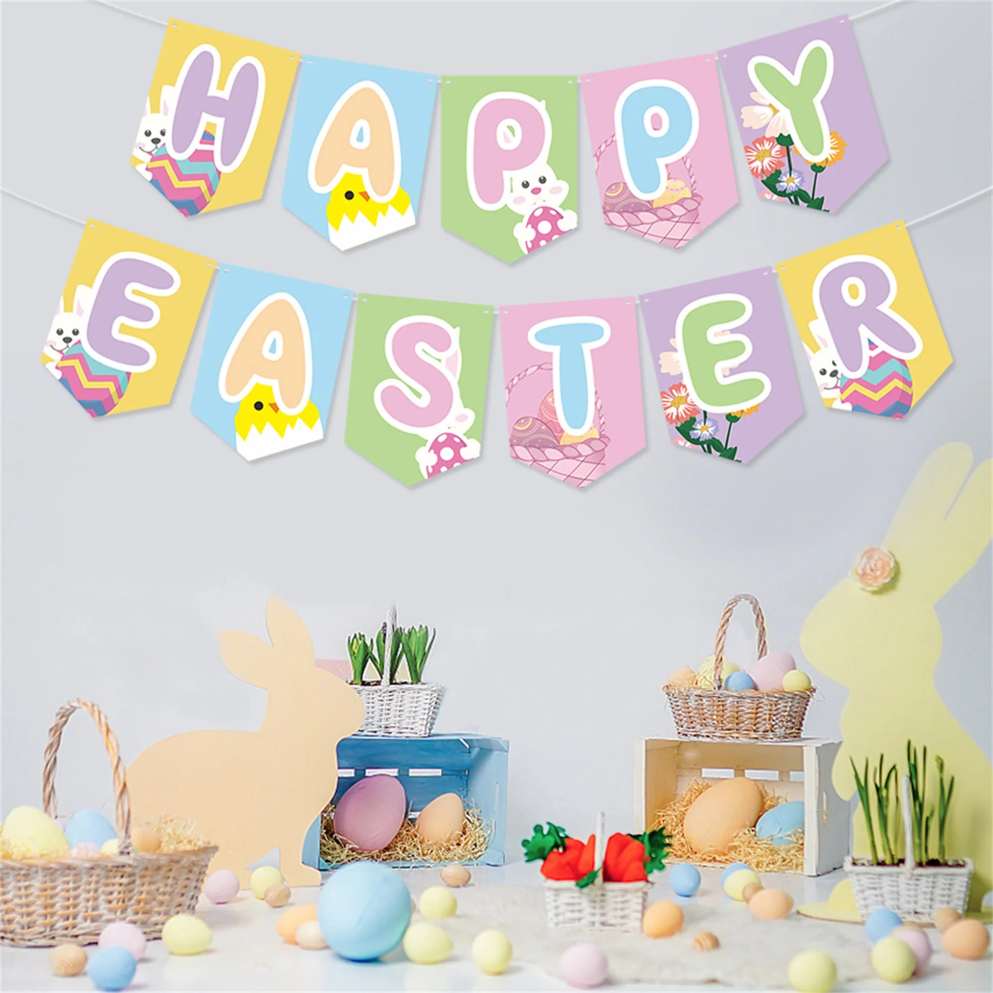 Happy Easter Paper Banner Cute Bunny Letter Floral Pattern Garland for Fireplace Mantel Spring Farmhouse