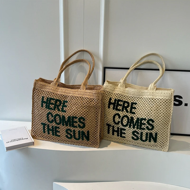 Lässige große Kapazität Stroh Einkaufstasche Sommer Buchstaben Design weben Frauen Umhängetasche handgemachte Sommer Strand Handtaschen große Geldbörsen