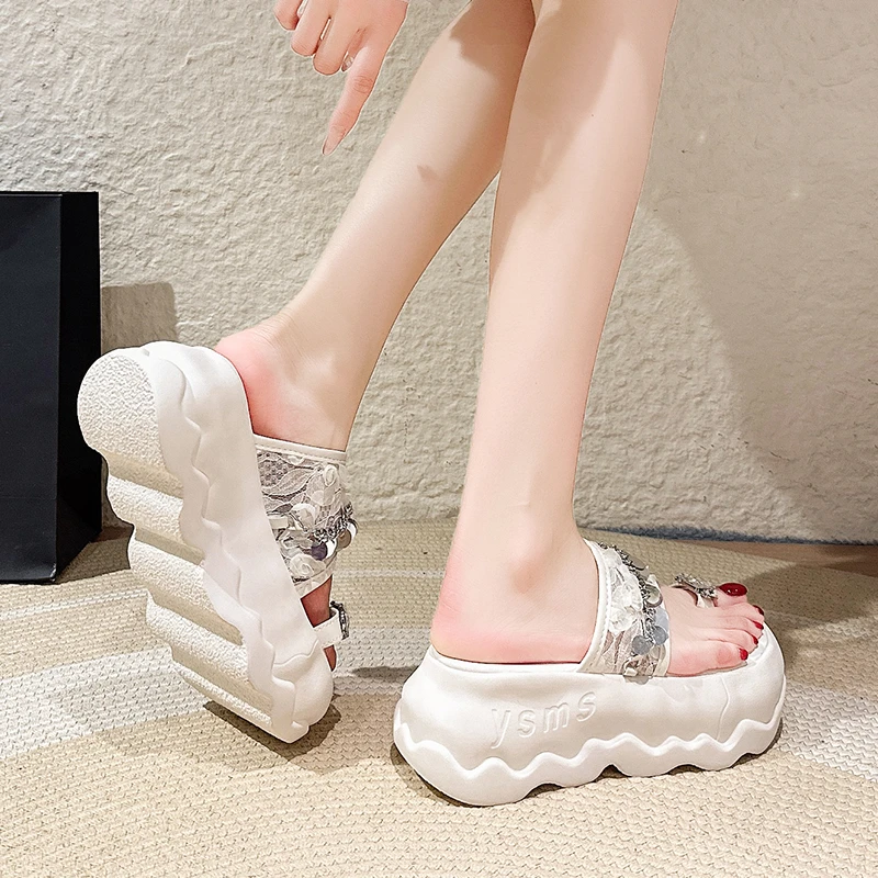 8CM Thick slippers  High Heels Women Sandals New Summer Square Toe Woman Casual Platform Sandals Women\'s Pumps Party Shoes 2024