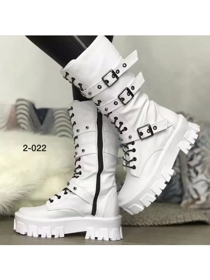 

Thick High Heels Women Mid Calf Boots 2024 Hot Punk Gothic Knee High Motorcycles Boots Buckle Comfy Walking Boots Autumn Winter