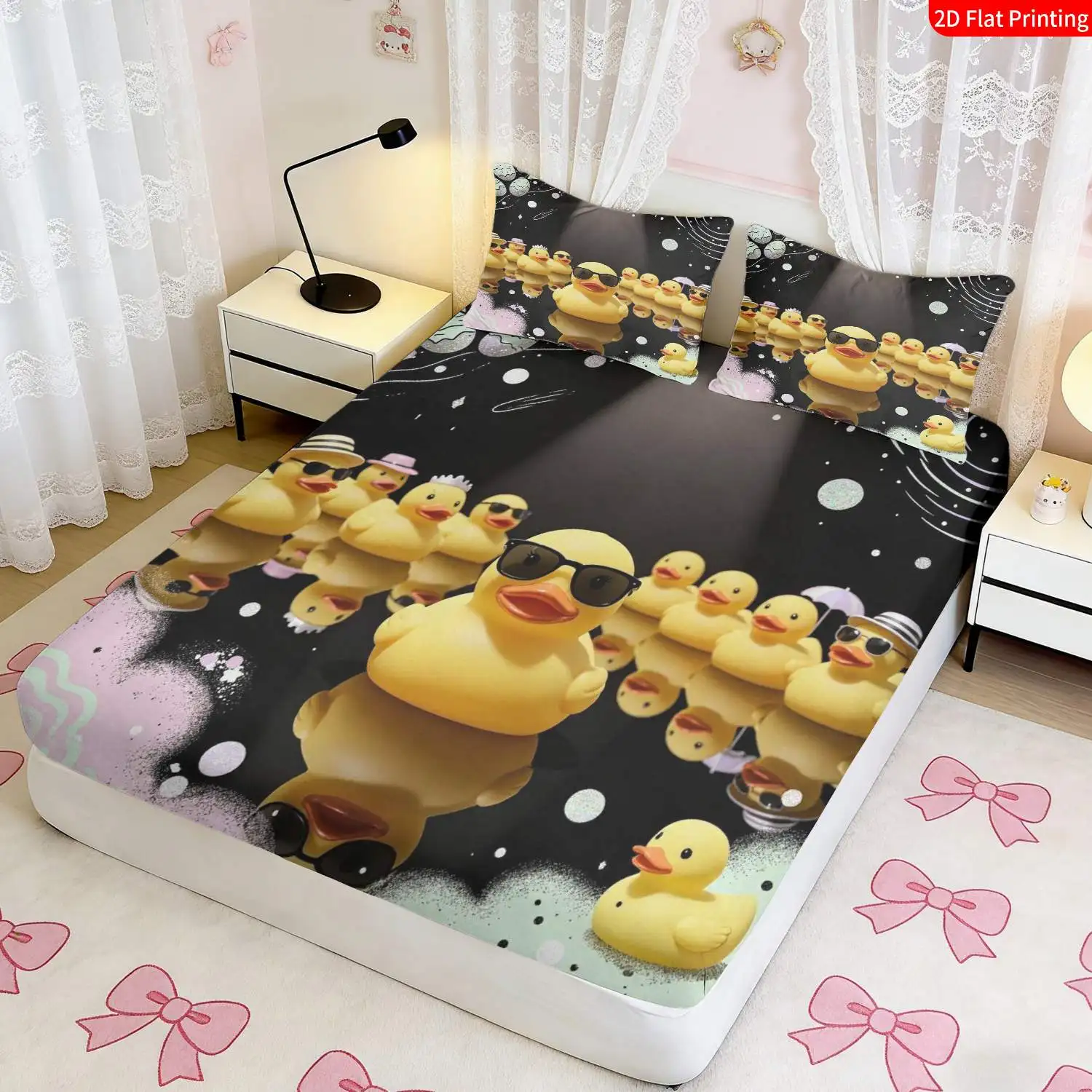 Customize 2/3pcs 2D Flat Printing Fitted Sheet * Cute Cartoon Style, Yellow Duck Theme Bedding, Bright Yellow Color, Adorable Du