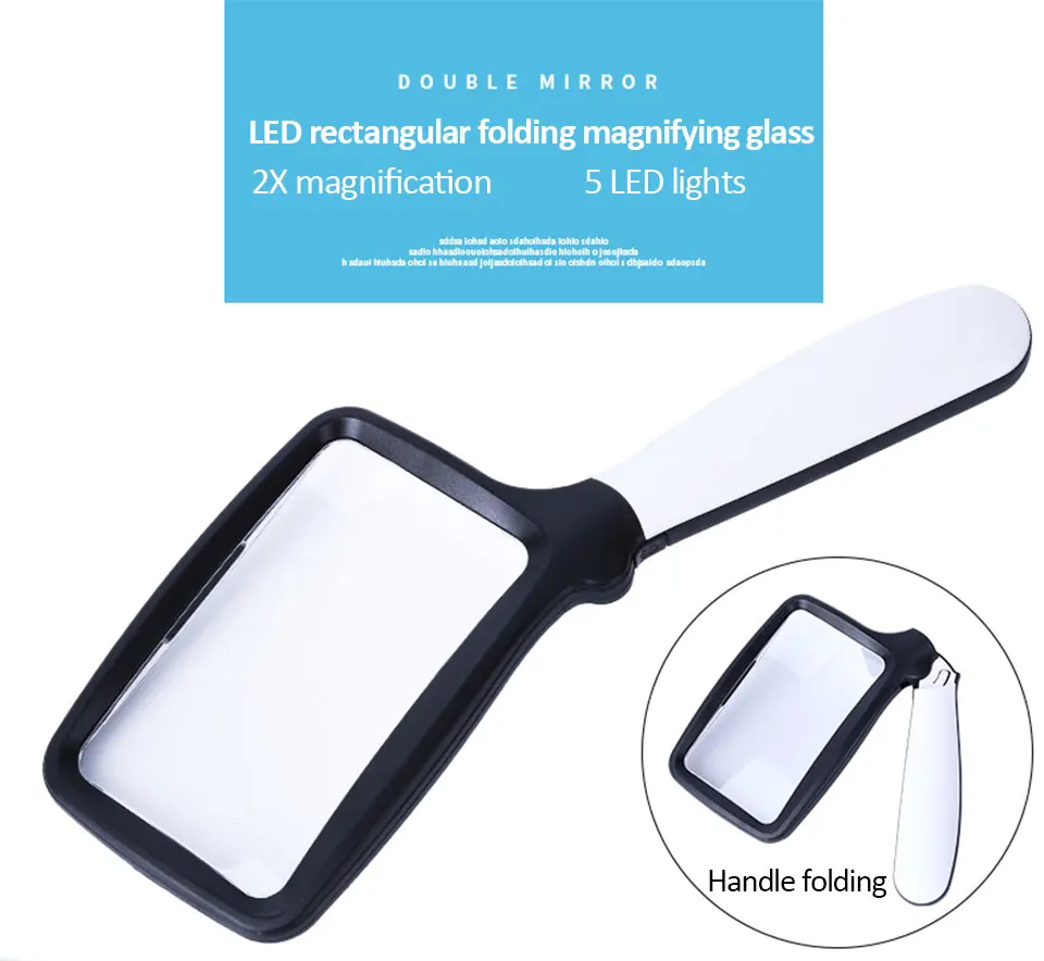 Tragbare quadratische Klapplupe mit 5 LED-Leuchten, professionelle hochauflösende optische Lupe zum Lesen älterer Menschen – Detail 1