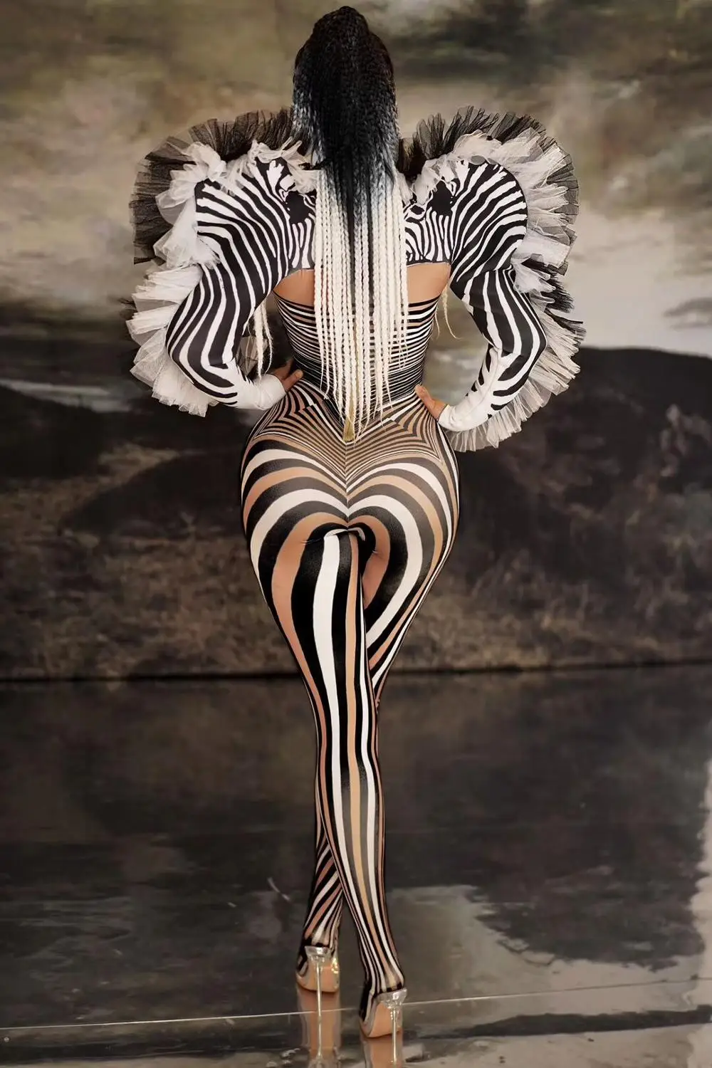 Zebra Stripes Printing  Jumpsuit Festival Rave Outfit Bar Party Nightclub Singer Stage Wear Cosplay Costume Clubwear