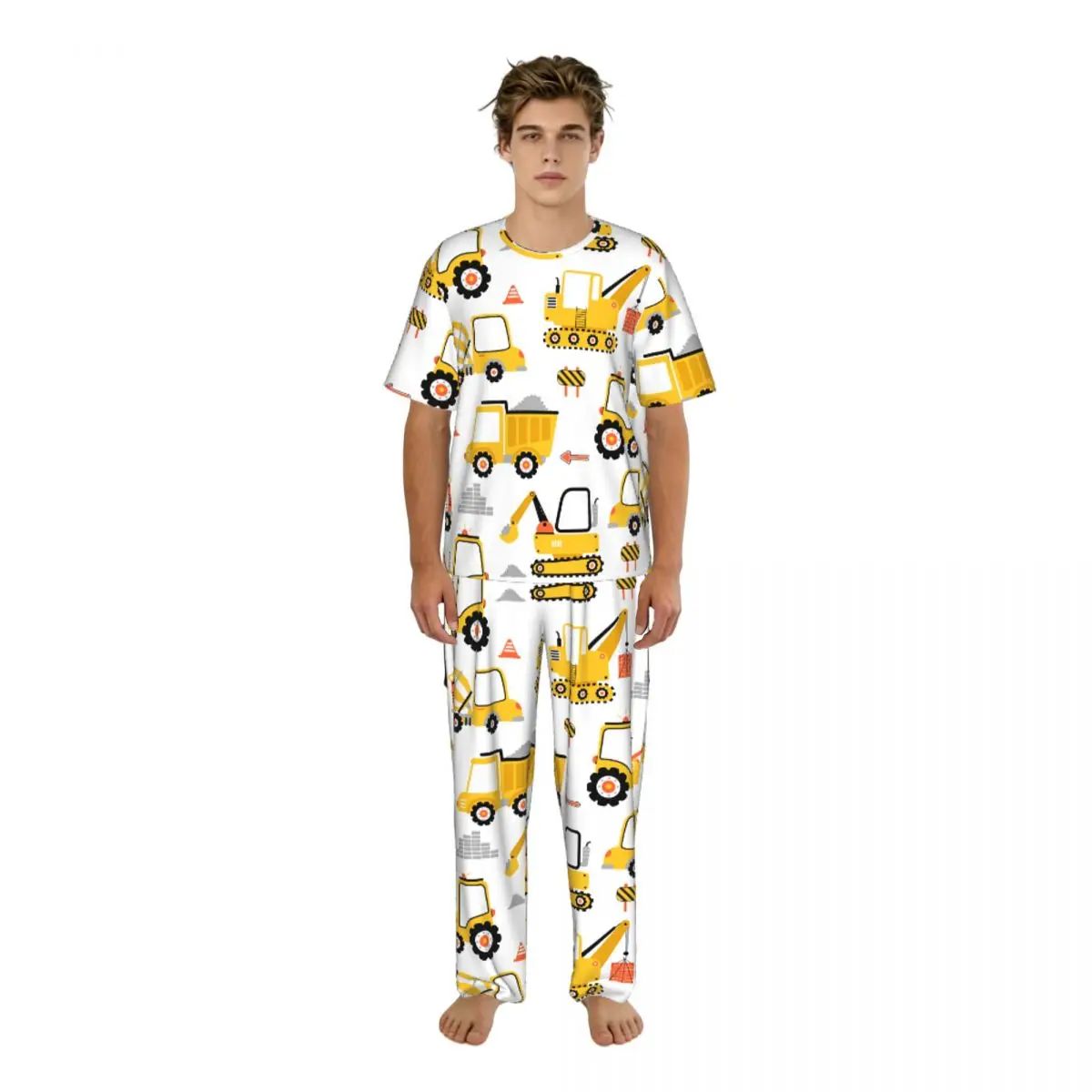 Men's Casual Pajamas Sets Short Sleeve and Pants Sets Male Sleepwear Cartoon Truck Home Clothes
