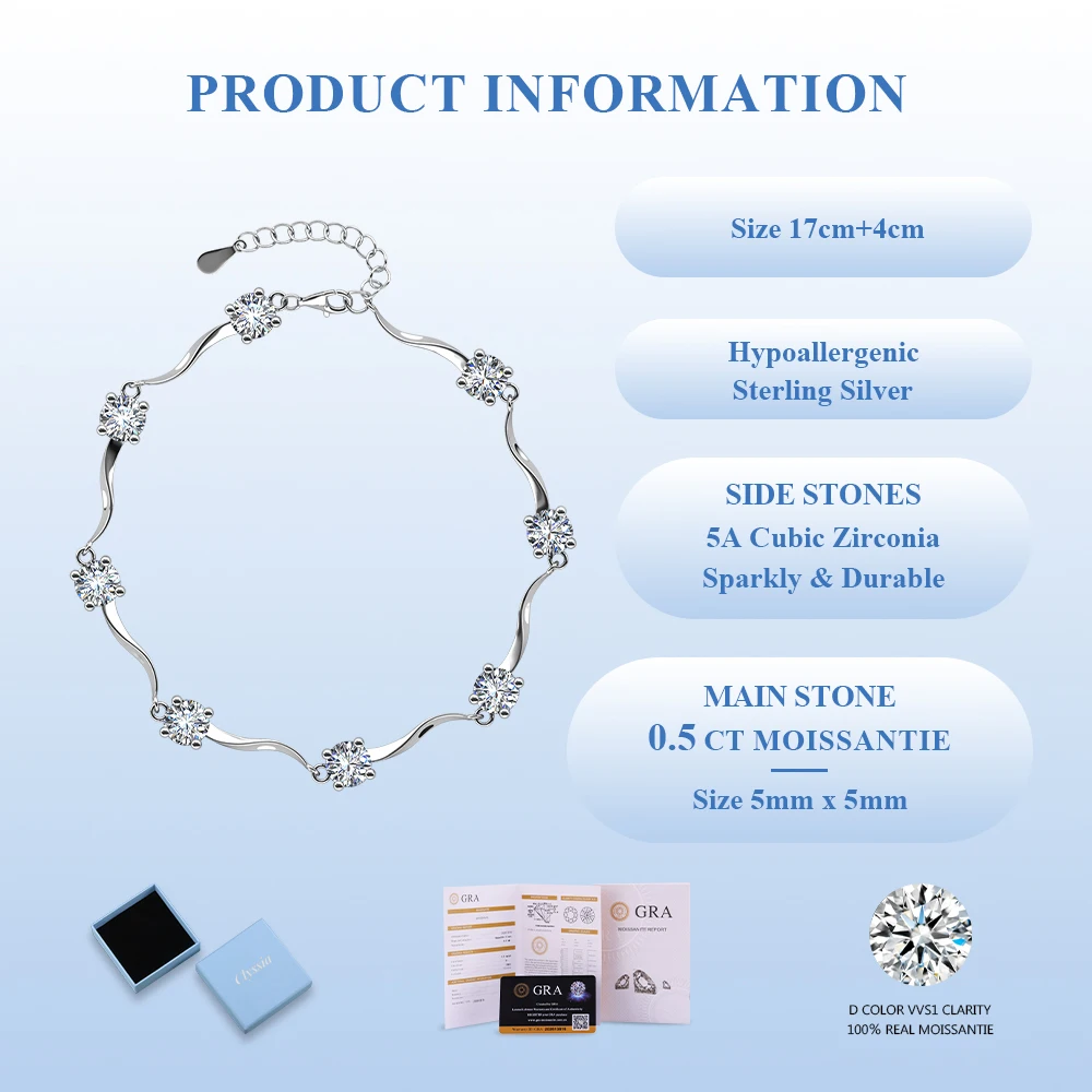 

Браслет из муассанита и серебра 925 пробы, гипоаллергенный, сверкающий, для повседневной носки, роскошный подарок для женщин с сертификатом GRA