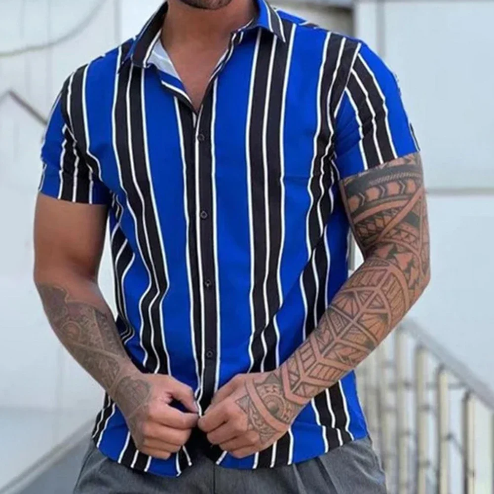 Tops para hombre, camisa para hombre, camisetas para vacaciones diarias, rayas rabattues, estampado de rayas, cuello, blusa con botones, estampado de poliéster