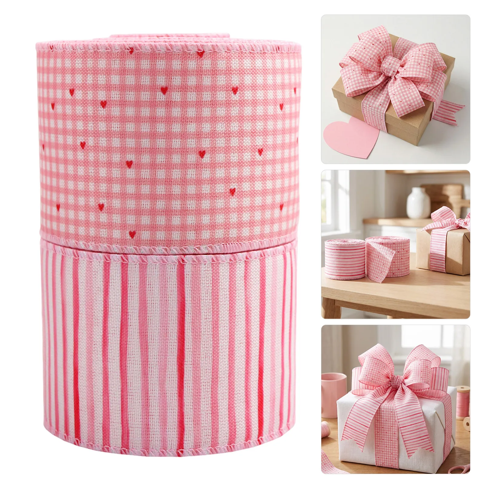 2 Rolls Wired Burlap Ribbons Pink White Checkered Heart Pattern Decorative Ribbon for Craft Making Wreath Decor Wedding Present