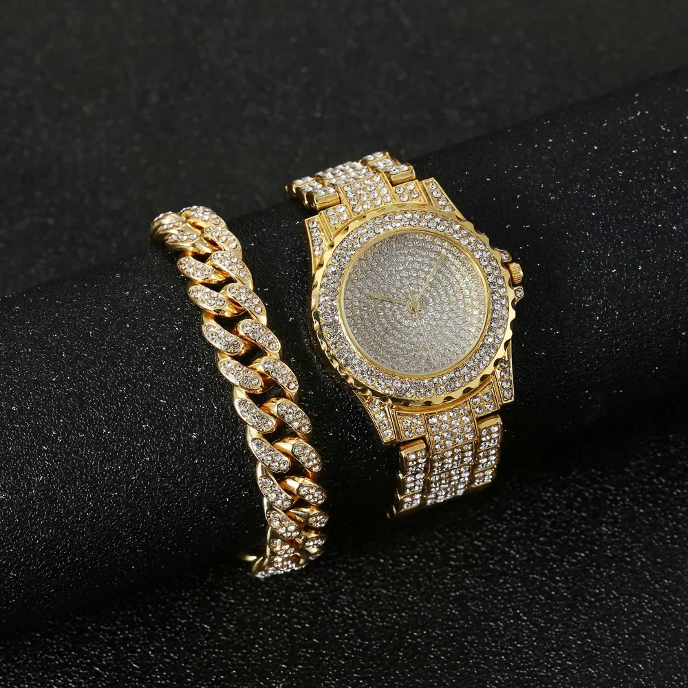 Watch + Bracelet for Women Cuban Chain Charm Iced Out Clock for Women and Man Fashion Luxury Golden Jewelry Set Relojes Reloj