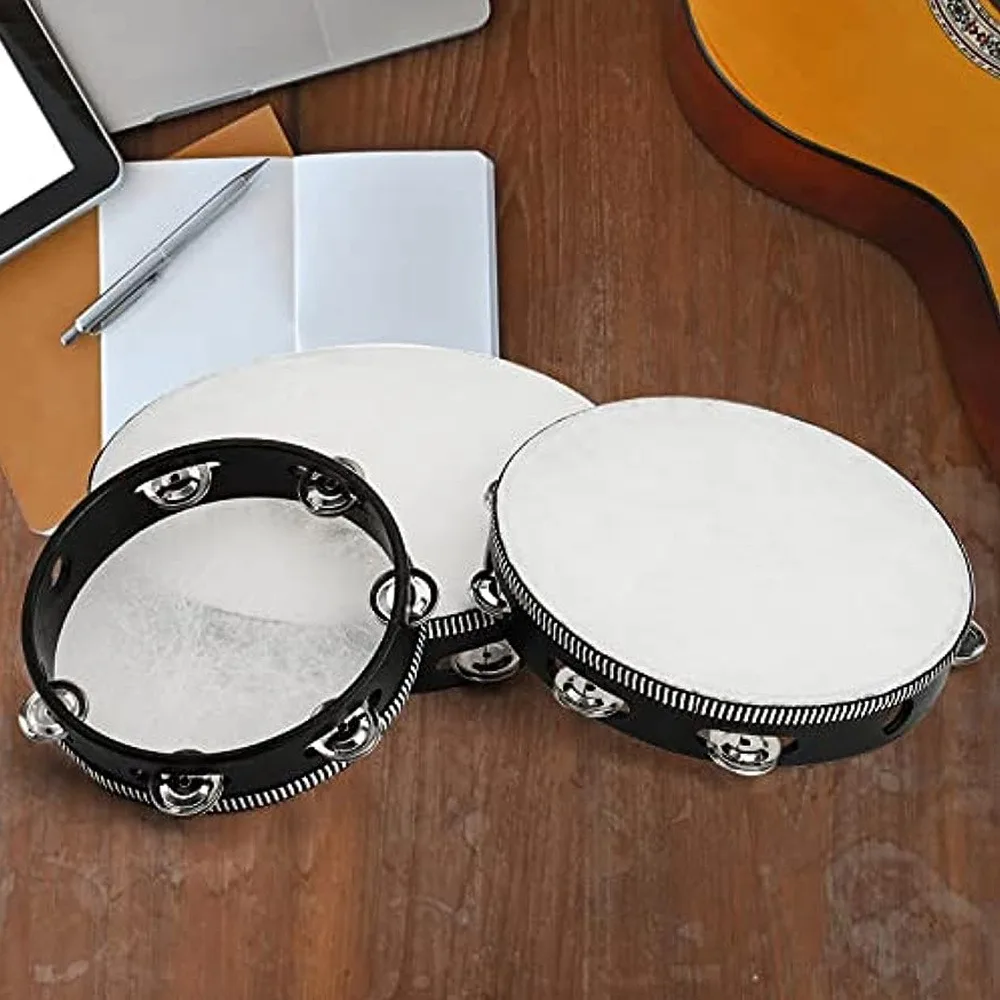 4/6/8/10inch White Drum Head Black Edge Double Row Hand Shaken Tambourine Wooden Hand Drum Percussion Instrument for KTV, Party