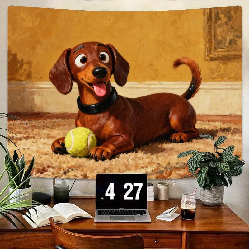

1PC Cute Dachshund Dog Tapestry, Happy Cartoon Puppy with Tennis Ball, Modern Polyester Wall Art Home Decor Gift for Dog Fans