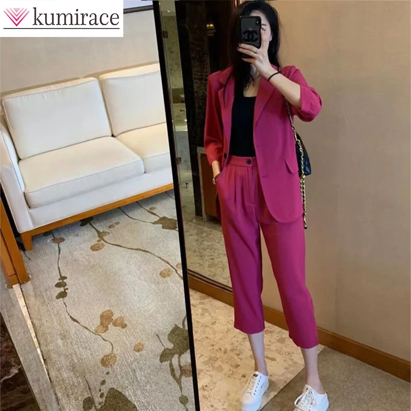 

Korean version of new summer style OL suit jacket with high waist and cropped leggings, fashionable two-piece set for women