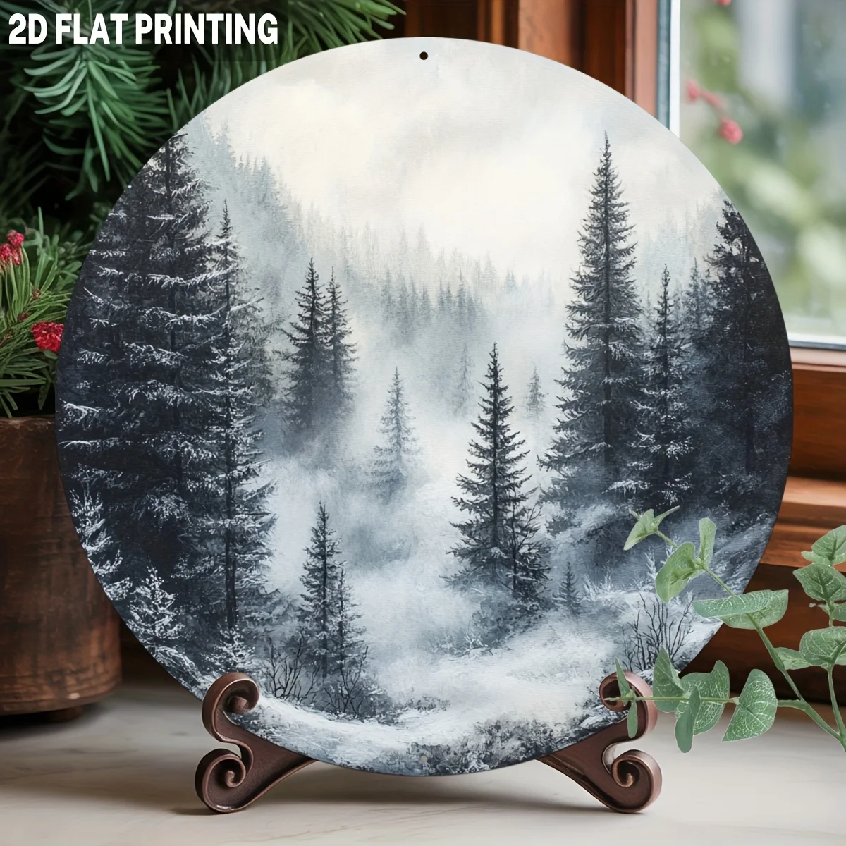 2D Flat, 2D Flat,1pc,Rustic Winter Forest Scene,Snowy Trees in Mist Round Aluminum Metal Sign Winter Wonderland Wall Art Wall Ha