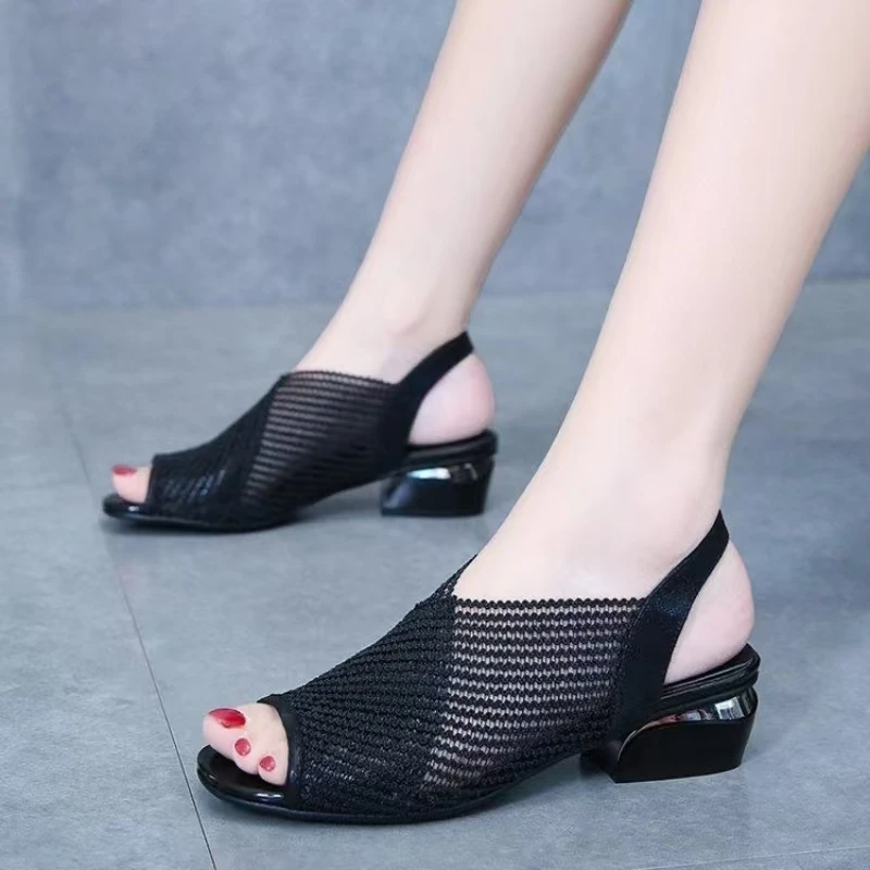 

Women Block Heel Peep Toe sandals Summer New Soft Sole Black Mesh Hollow Out Breathable Fashionable Slip On Modern Sandals