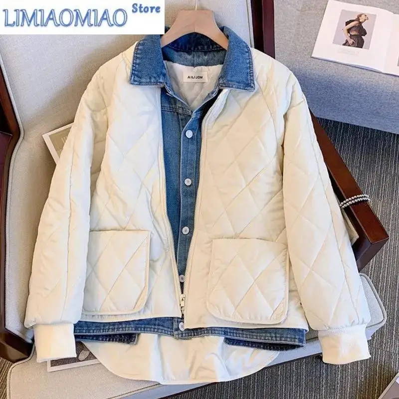 Denim Stitching Thin Cotton-Padded Jacket Women Short Autumn Winter Fashion Fake Two Pieces Diamonds Particularly Trendy