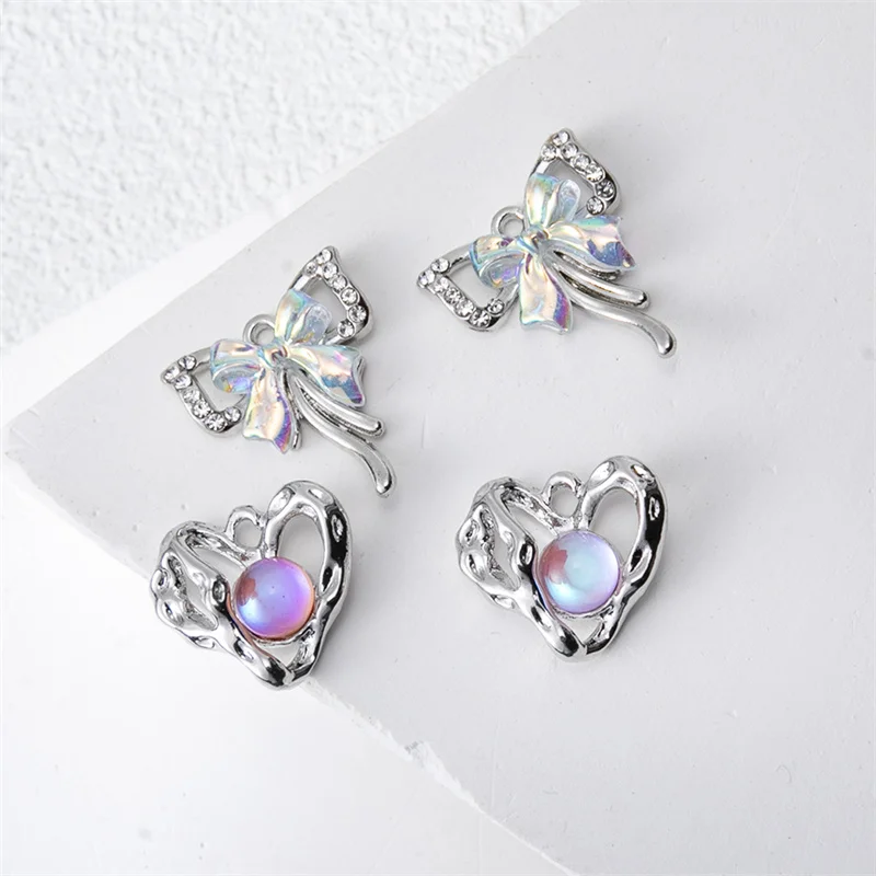 2PCS Silver Color Plated Alloy Bowknots Heart Charms Crystal Pendants For Bracelet Making Departments DIY Jewelry Accessories