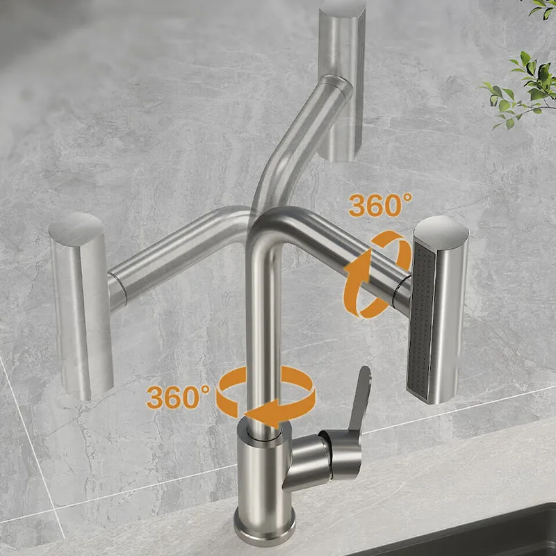 Gray/Nickel 304 Stainless Steel Kitchen Faucet Waterfall Mixed Water Sink Tap Multi-function Rinse Rotate Hot and Cold Faucet